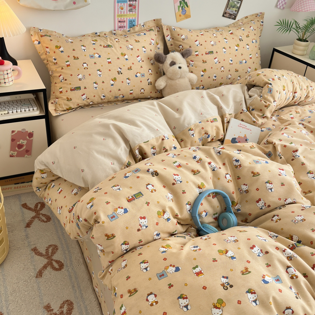 91家纺网 家纺一手货源 找家纺 乐童家纺 2026新款全棉网红直播爆款吊边一字绣工艺款四件套 凯蒂软糖咖