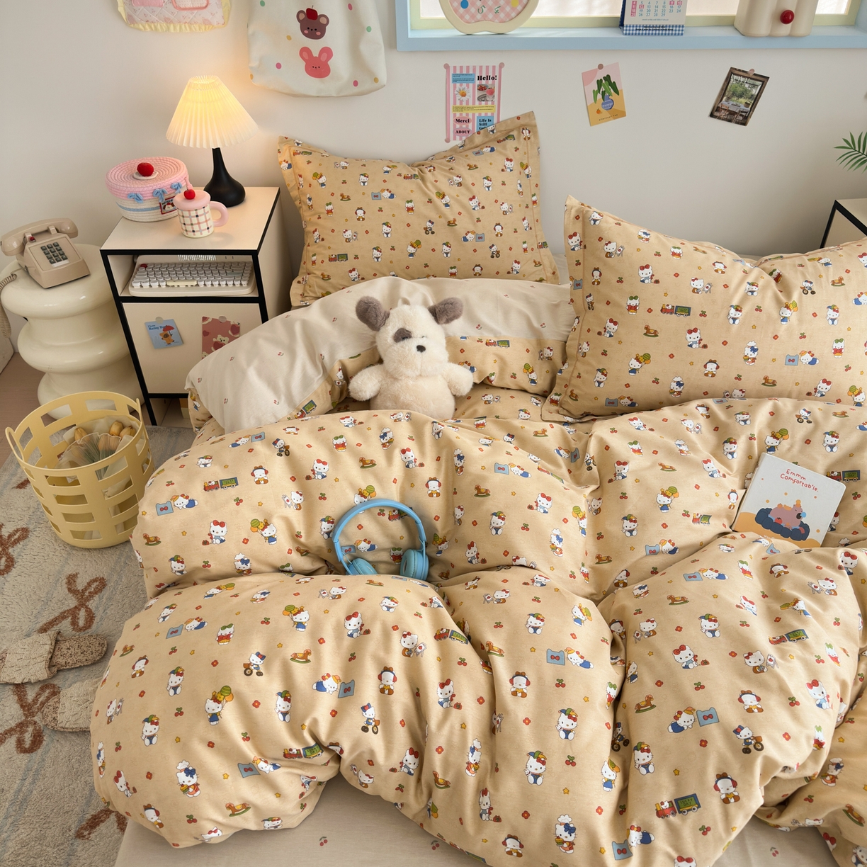 91家纺网 家纺一手货源 找家纺 乐童家纺 2026新款全棉网红直播爆款吊边一字绣工艺款四件套 凯蒂软糖咖