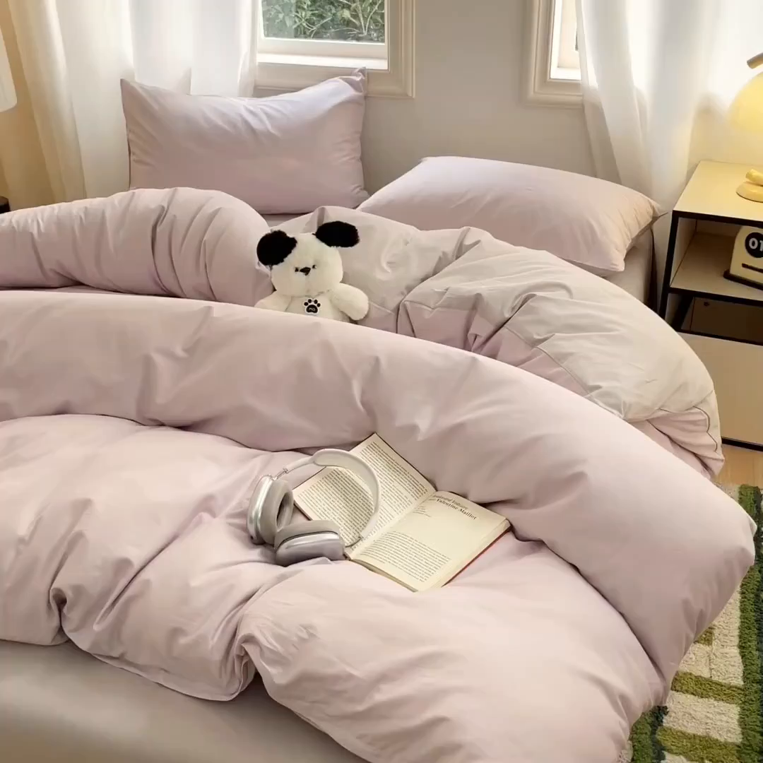 91家纺网 家纺一手货源 找家纺 泽西家纺+V17798841158发大图 2026新品A类全棉13376简约纯色双拼全棉四件套单被套枕套三件套 淡雅紫+山灰