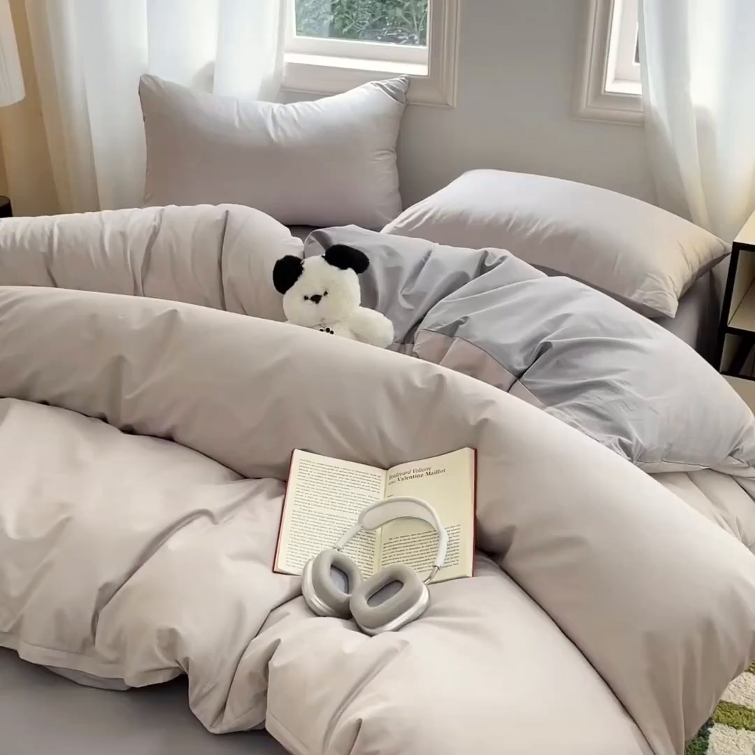 91家纺网 家纺一手货源 找家纺 泽西家纺+V17798841158发大图 2026新品A类全棉13376简约纯色双拼全棉四件套单被套枕套三件套 浅灰+深灰