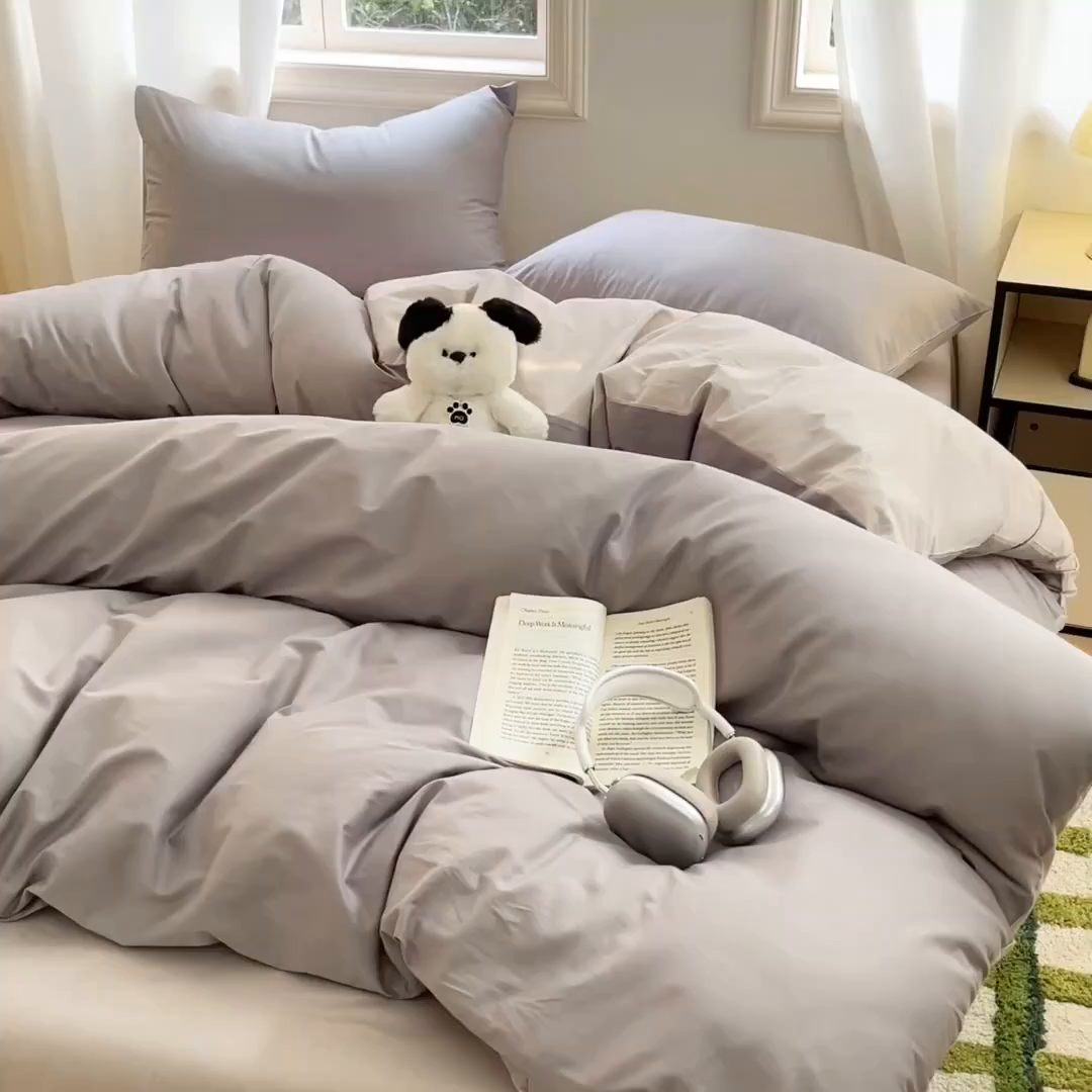 91家纺网 家纺一手货源 找家纺 泽西家纺+V17798841158发大图 2026新品A类全棉13376简约纯色双拼全棉四件套单被套枕套三件套 深灰+浅灰