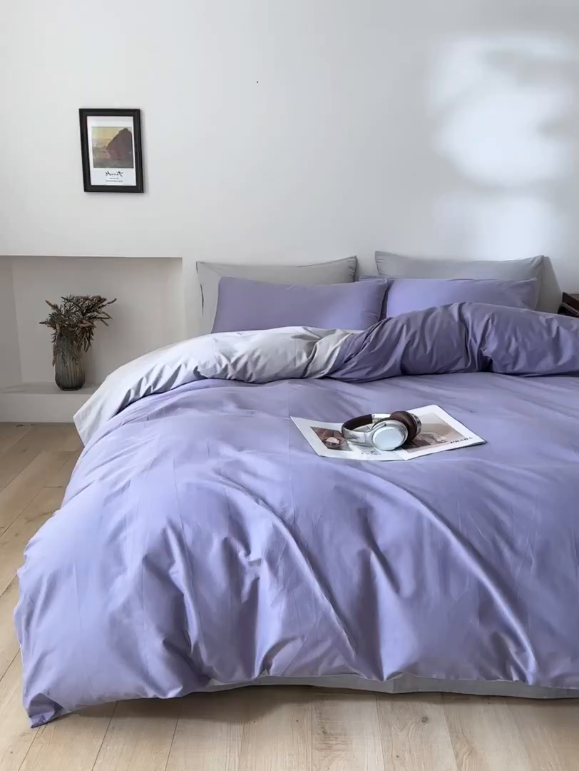 91家纺网 家纺一手货源 找家纺 泽西家纺+V17798841158发大图 2026新品A类全棉13376简约纯色双拼全棉四件套单被套枕套三件套 香芋紫+银河灰