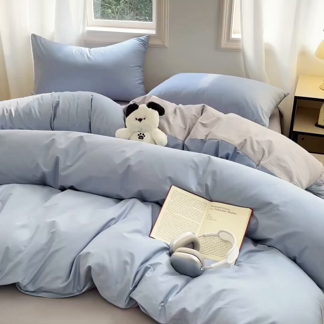91家纺网 家纺一手货源 找家纺 泽西家纺+V17798841158发大图 2026新品A类全棉13376简约纯色双拼全棉四件套单被套枕套三件套 淡蓝+深灰