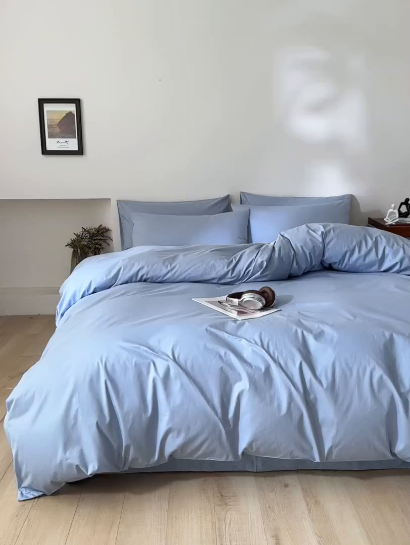 91家纺网 家纺一手货源 找家纺 泽西家纺+V17798841158发大图 2026新品A类全棉13376简约纯色双拼全棉四件套单被套枕套三件套 水雾蓝