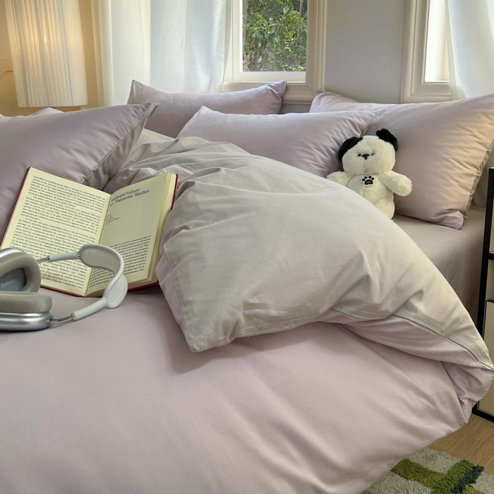 91家纺网 家纺一手货源 找家纺 泽西家纺+V17798841158发大图 2026新品A类全棉13376简约纯色双拼全棉四件套单被套枕套三件套 淡雅紫+山灰