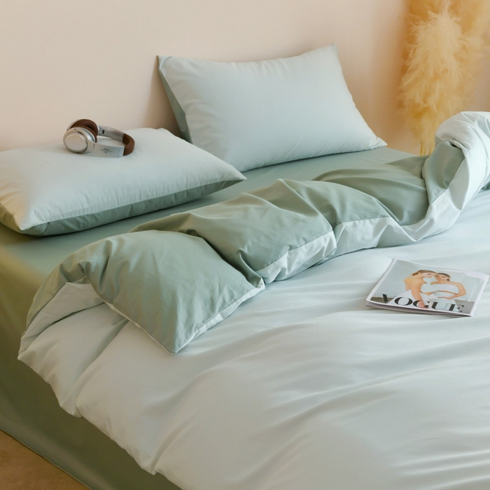 91家纺网 家纺一手货源 找家纺 泽西家纺+V17798841158发大图 2026新品A类全棉13376简约纯色双拼全棉四件套单被套枕套三件套 浅绿+豆绿