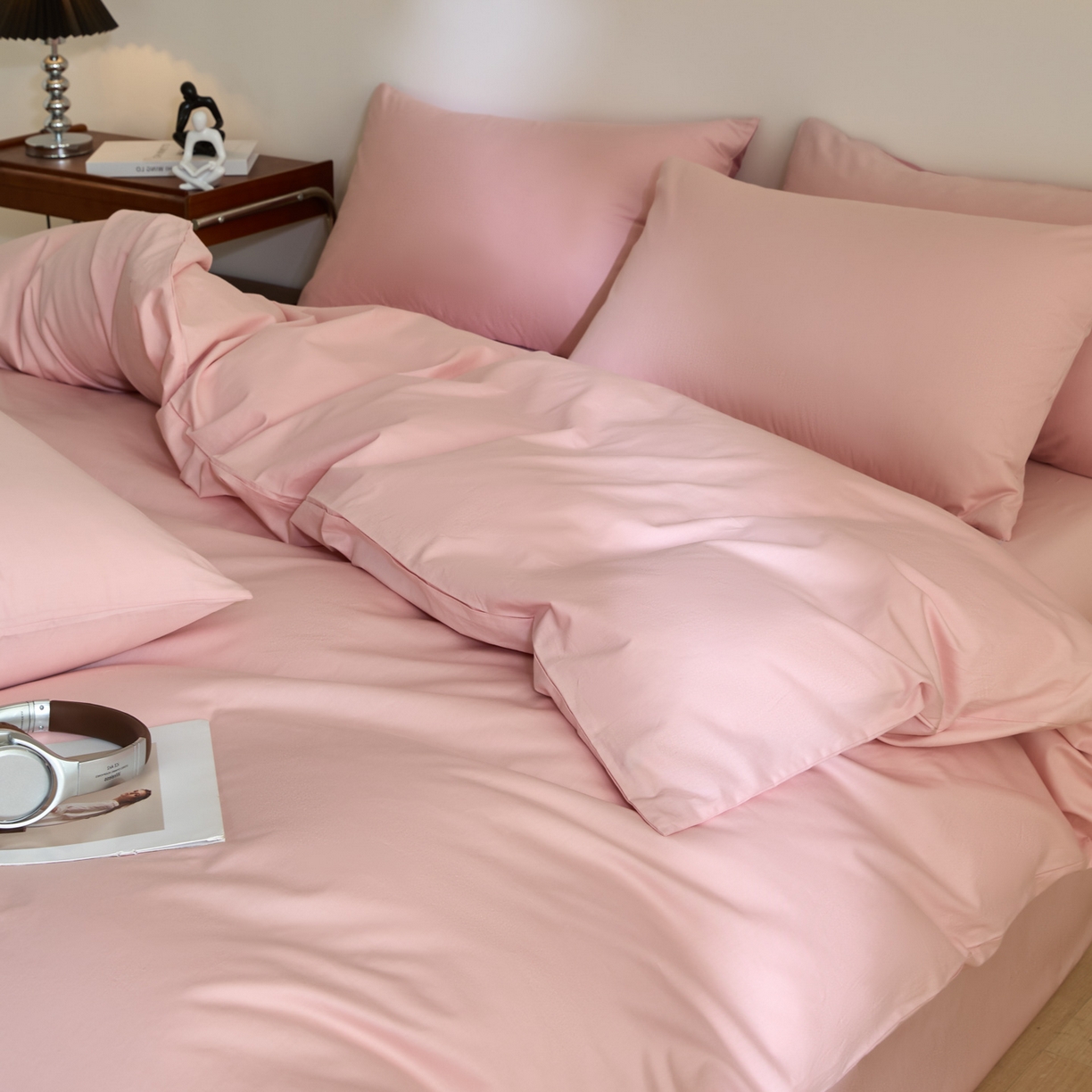 91家纺网 家纺一手货源 找家纺 泽西家纺+V17798841158发大图 2026新品A类全棉13376简约纯色双拼全棉四件套单被套枕套三件套 浅喜粉
