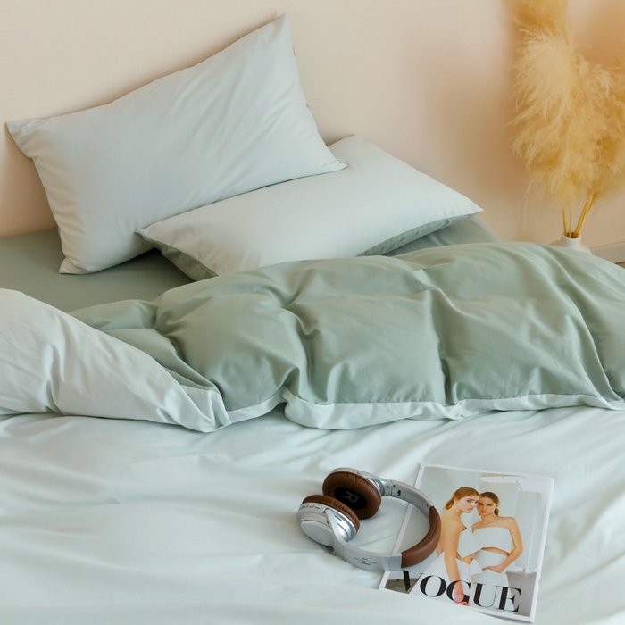 91家纺网 家纺一手货源 找家纺 泽西家纺+V17798841158发大图 2026新品A类全棉13376简约纯色双拼全棉四件套单被套枕套三件套 浅绿+豆绿