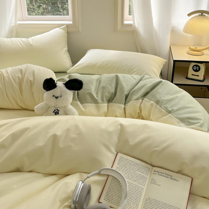 91家纺网 家纺一手货源 找家纺 泽西家纺+V17798841158发大图 2026新品A类全棉13376简约纯色双拼全棉四件套单被套枕套三件套 杏黄+橄榄绿