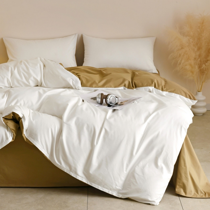 91家纺网 家纺一手货源 找家纺 泽西家纺+V17798841158发大图 2026新品A类全棉13376简约纯色双拼全棉四件套单被套枕套三件套 露白+焦糖