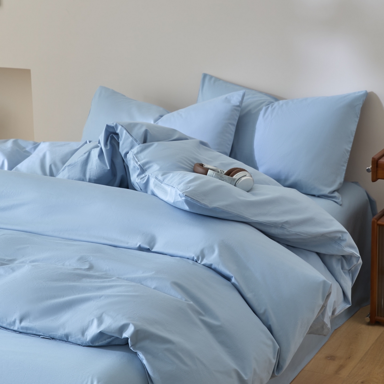 91家纺网 家纺一手货源 找家纺 泽西家纺+V17798841158发大图 2026新品A类全棉13376简约纯色双拼全棉四件套单被套枕套三件套 水雾蓝