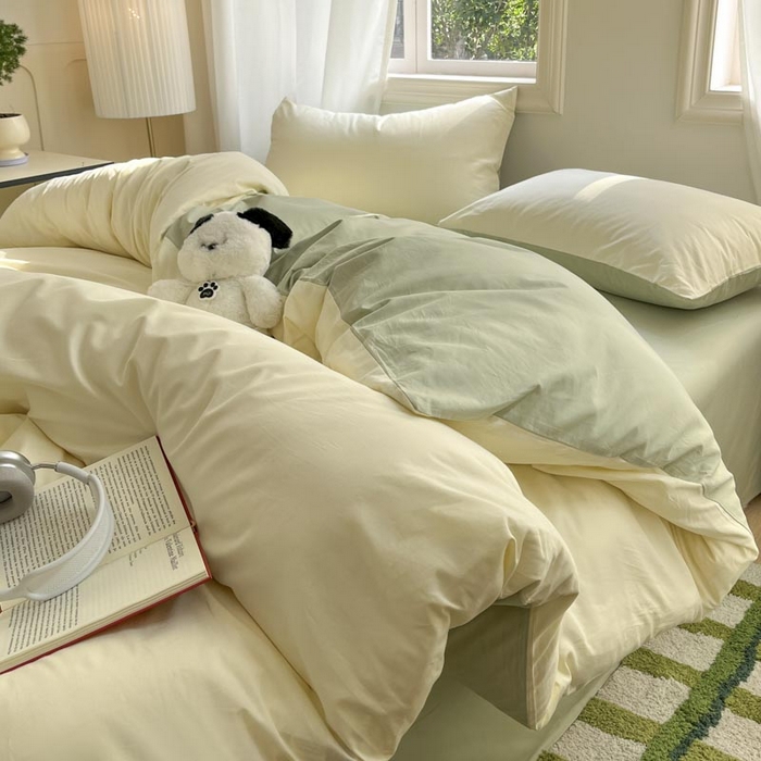 91家纺网 家纺一手货源 找家纺 泽西家纺+V17798841158发大图 2026新品A类全棉13376简约纯色双拼全棉四件套单被套枕套三件套 杏黄+橄榄绿