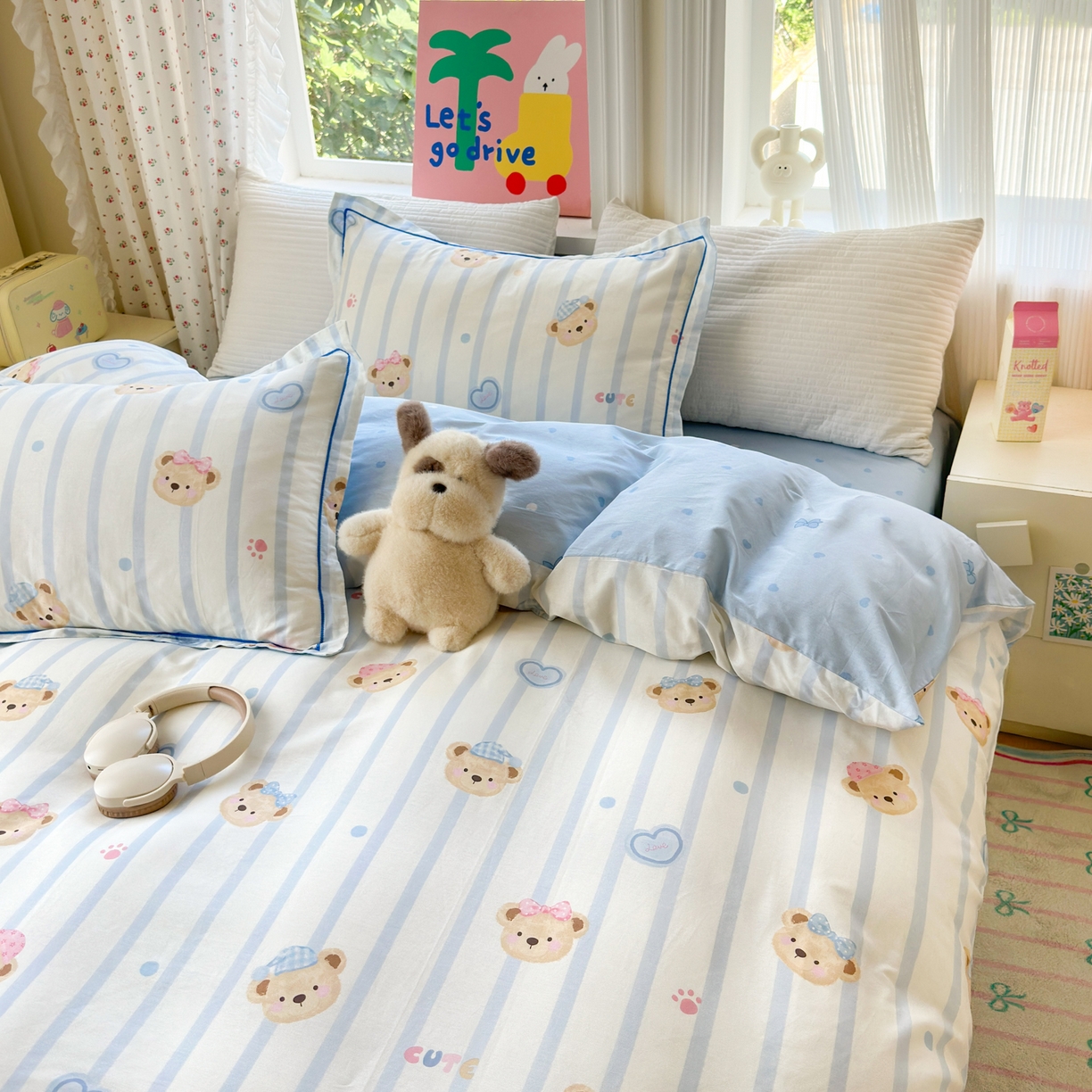 91家纺网 家纺一手货源 找家纺 乐童家纺 2026新款全棉网红直播爆款吊边一字绣工艺款四件套 快乐小熊