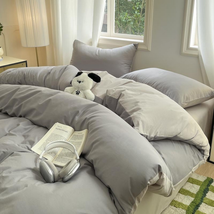 91家纺网 家纺一手货源 找家纺 泽西家纺+V17798841158发大图 2026新品A类全棉13376简约纯色双拼全棉四件套单被套枕套三件套 深灰+浅灰