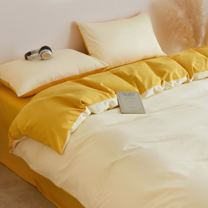 91家纺网 家纺一手货源 找家纺 泽西家纺+V17798841158发大图 2026新品A类全棉13376简约纯色双拼全棉四件套单被套枕套三件套 米黄+亮黄