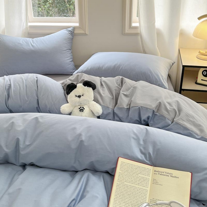 91家纺网 家纺一手货源 找家纺 泽西家纺+V17798841158发大图 2026新品A类全棉13376简约纯色双拼全棉四件套单被套枕套三件套 淡蓝+深灰