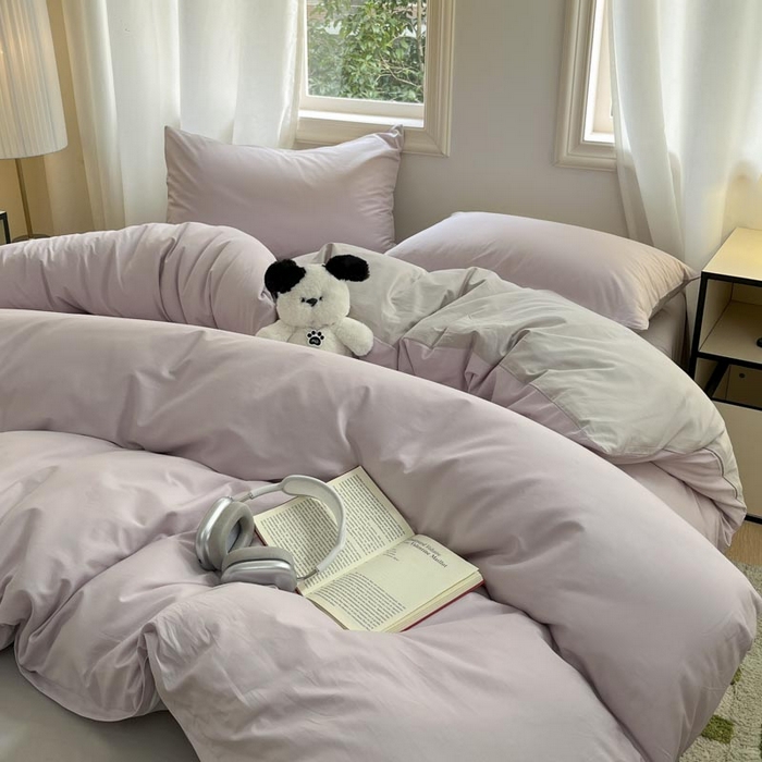 91家纺网 家纺一手货源 找家纺 泽西家纺+V17798841158发大图 2026新品A类全棉13376简约纯色双拼全棉四件套单被套枕套三件套 淡雅紫+山灰