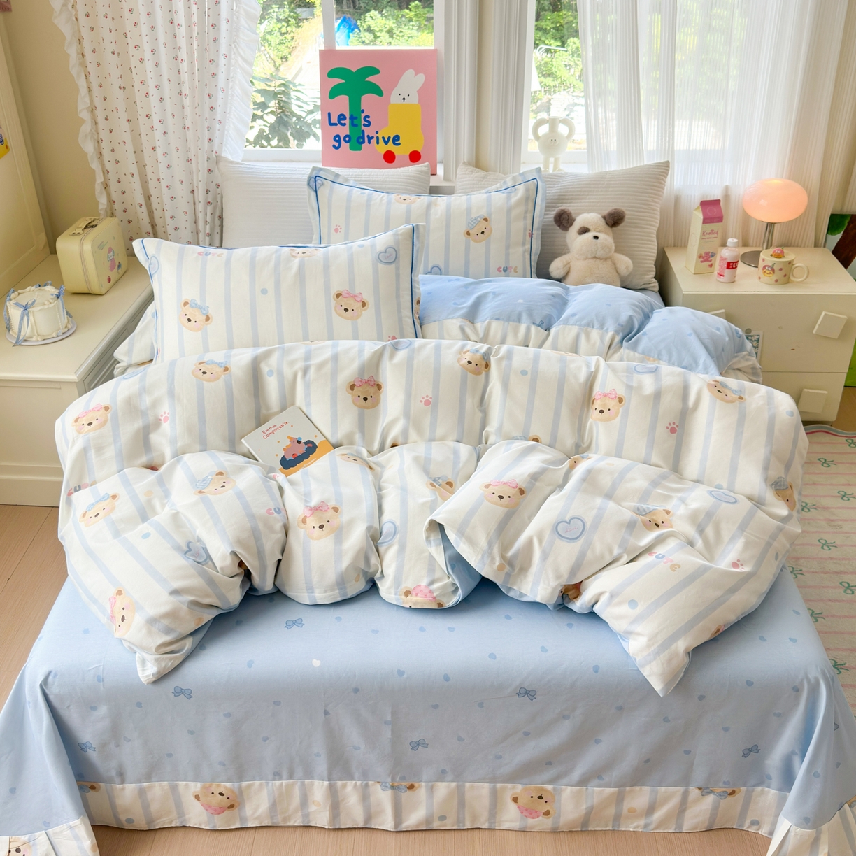 91家纺网 家纺一手货源 找家纺 乐童家纺 2026新款全棉网红直播爆款吊边一字绣工艺款四件套 快乐小熊