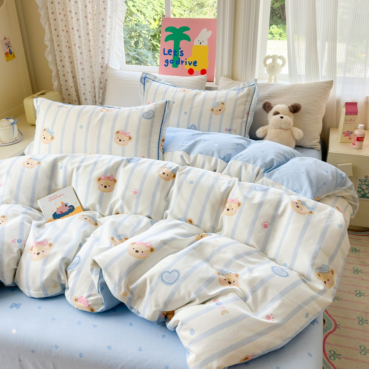 91家纺网 家纺一手货源 找家纺 乐童家纺 2026新款全棉网红直播爆款吊边一字绣工艺款四件套 快乐小熊