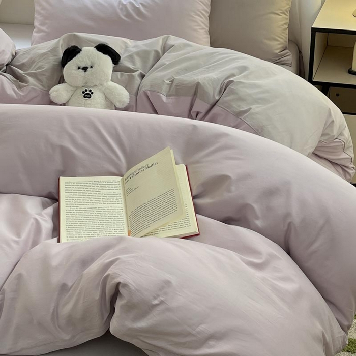 91家纺网 家纺一手货源 找家纺 泽西家纺+V17798841158发大图 2026新品A类全棉13376简约纯色双拼全棉四件套单被套枕套三件套 淡雅紫+山灰