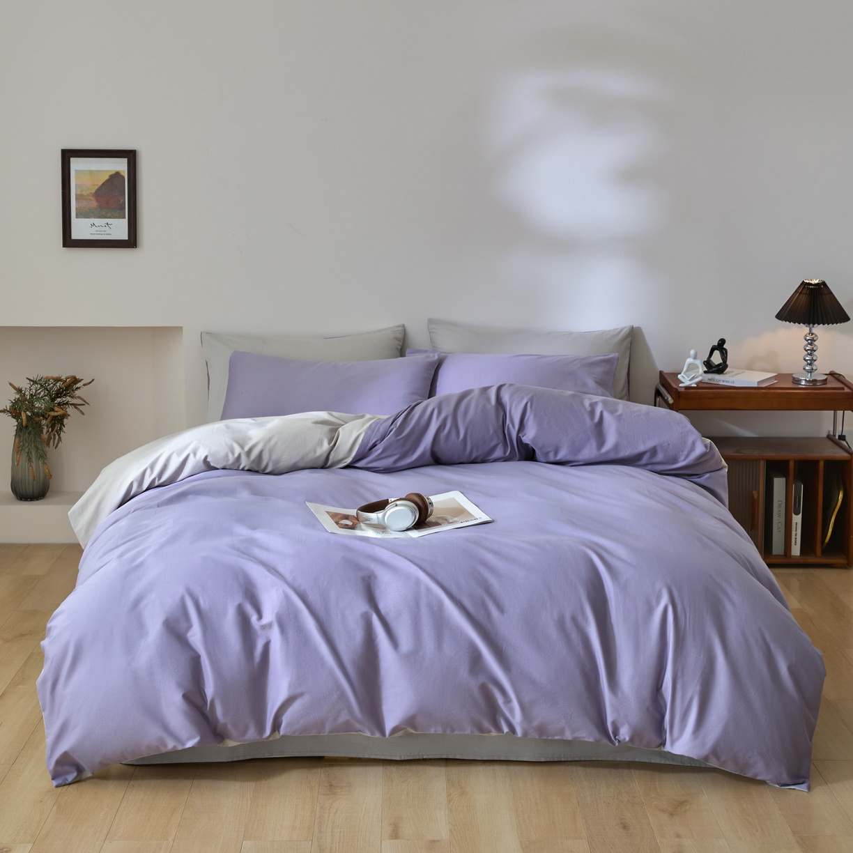 91家纺网 家纺一手货源 找家纺 泽西家纺+V17798841158发大图 2026新品A类全棉13376简约纯色双拼全棉四件套单被套枕套三件套 香芋紫+银河灰