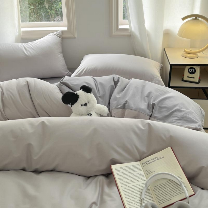 91家纺网 家纺一手货源 找家纺 泽西家纺+V17798841158发大图 2026新品A类全棉13376简约纯色双拼全棉四件套单被套枕套三件套 浅灰+深灰