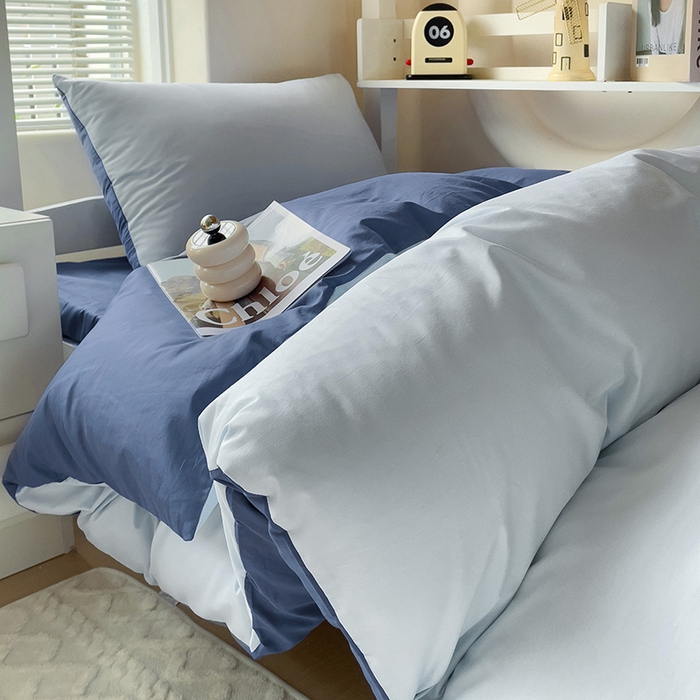 91家纺网 家纺一手货源 找家纺 泽西家纺+V17798841158发大图 2026新品A类全棉13376简约纯色双拼全棉四件套单被套枕套三件套 浅蓝+深蓝