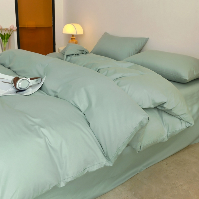 91家纺网 家纺一手货源 找家纺 泽西家纺+V17798841158发大图 2026新品A类全棉13376简约纯色双拼全棉四件套单被套枕套三件套 豆绿