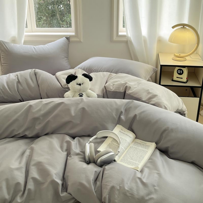 91家纺网 家纺一手货源 找家纺 泽西家纺+V17798841158发大图 2026新品A类全棉13376简约纯色双拼全棉四件套单被套枕套三件套 深灰+浅灰