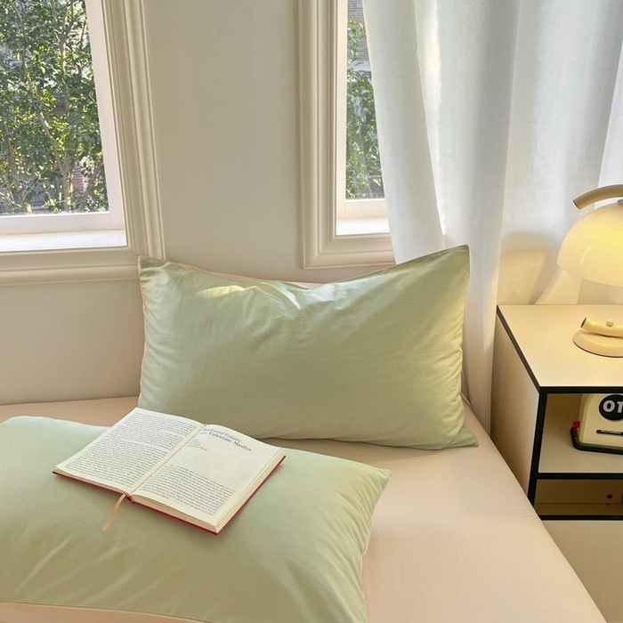 91家纺网 家纺一手货源 找家纺 泽西家纺+V17798841158发大图 2026新品A类全棉13376简约纯色双拼全棉四件套单被套枕套三件套 橄榄绿+奶茶