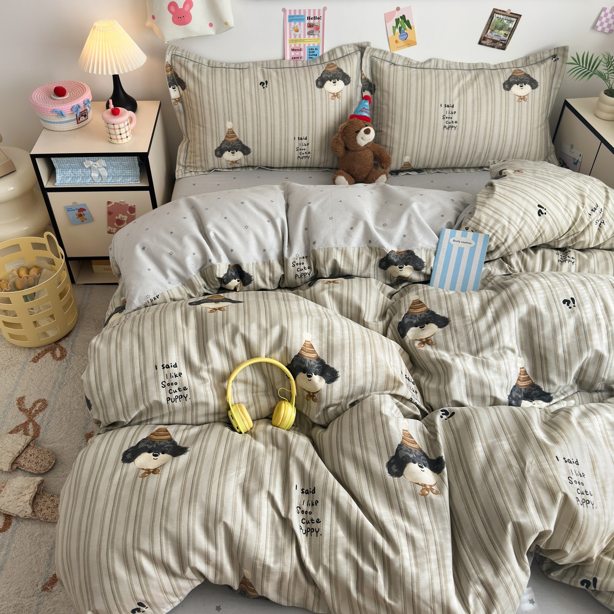 91家纺网 家纺一手货源 找家纺 乐童家纺 2026新款全棉网红直播爆款吊边一字绣工艺款四件套 帽子柯基