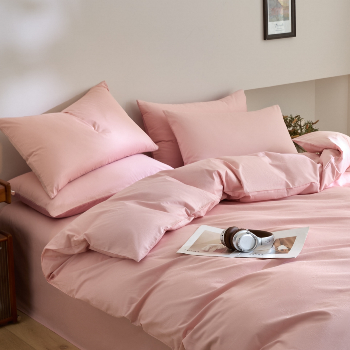 91家纺网 家纺一手货源 找家纺 泽西家纺+V17798841158发大图 2026新品A类全棉13376简约纯色双拼全棉四件套单被套枕套三件套 浅喜粉