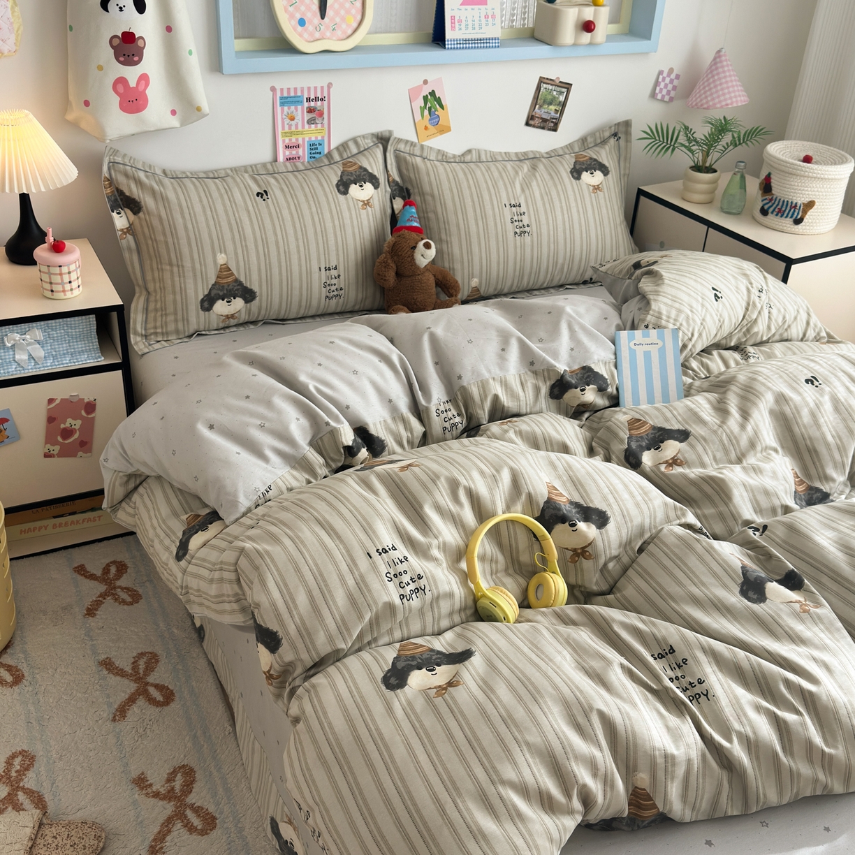 91家纺网 家纺一手货源 找家纺 乐童家纺 2026新款全棉网红直播爆款吊边一字绣工艺款四件套 帽子柯基