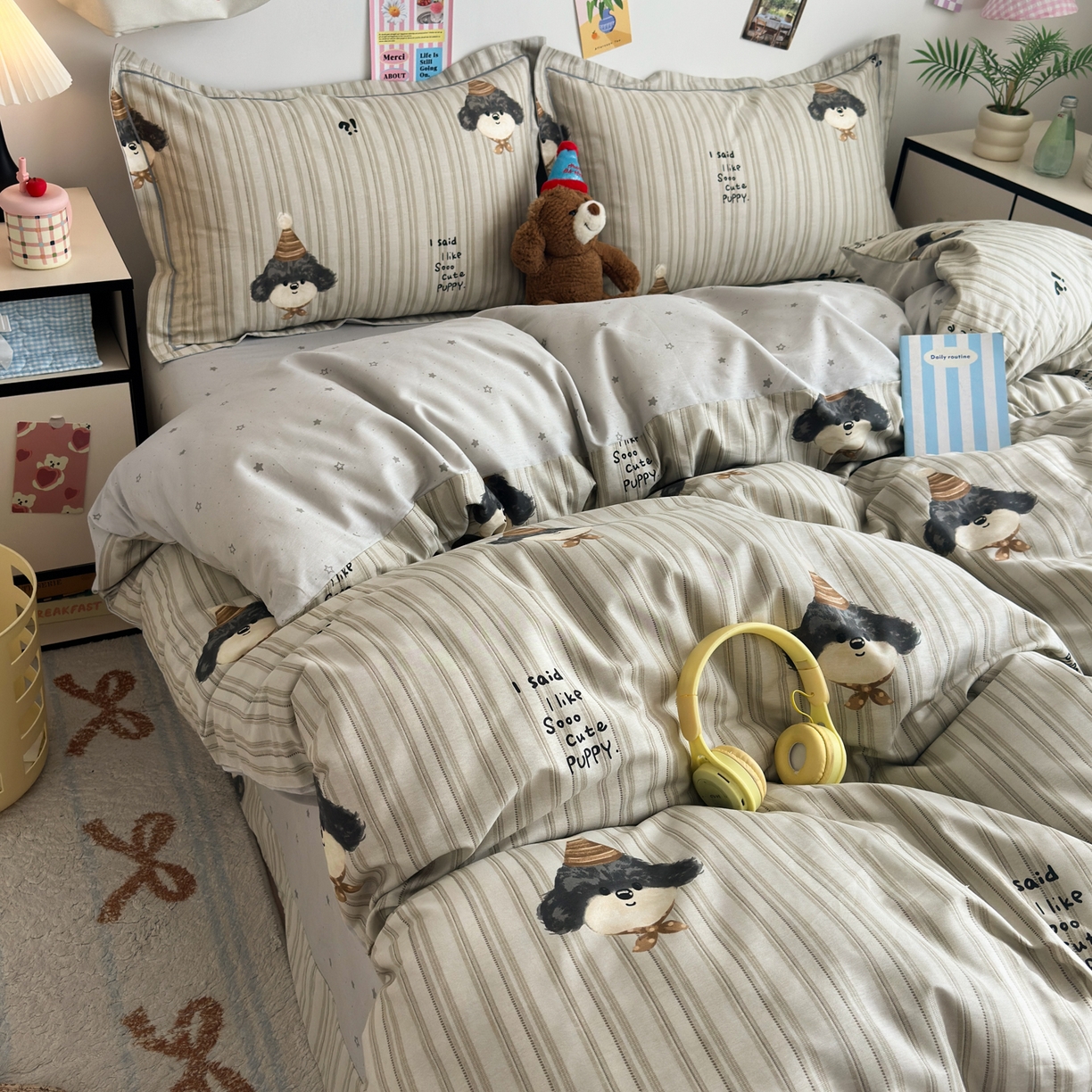 91家纺网 家纺一手货源 找家纺 乐童家纺 2026新款全棉网红直播爆款吊边一字绣工艺款四件套 帽子柯基