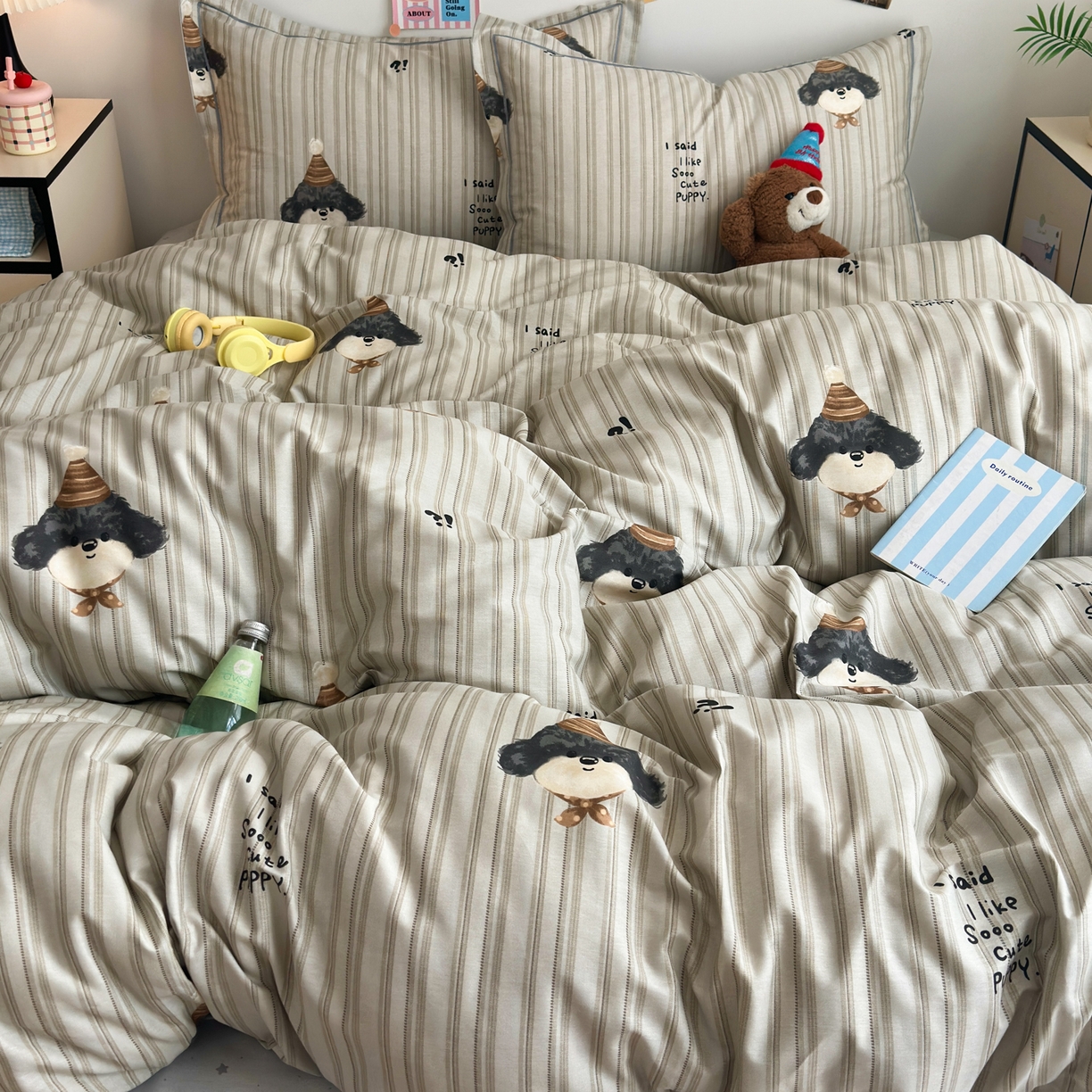 91家纺网 家纺一手货源 找家纺 乐童家纺 2026新款全棉网红直播爆款吊边一字绣工艺款四件套 帽子柯基