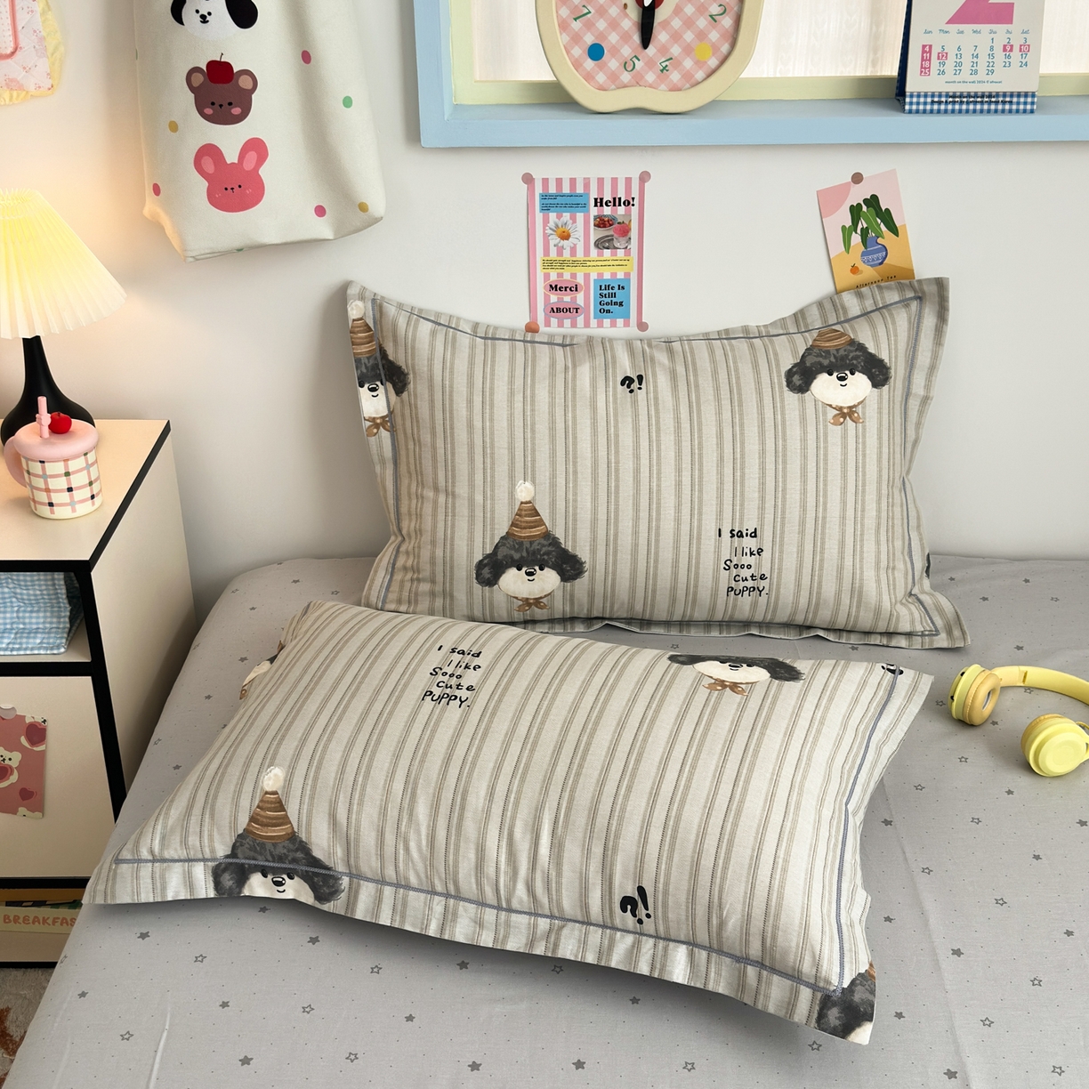 91家纺网 家纺一手货源 找家纺 乐童家纺 2026新款全棉网红直播爆款吊边一字绣工艺款四件套 帽子柯基