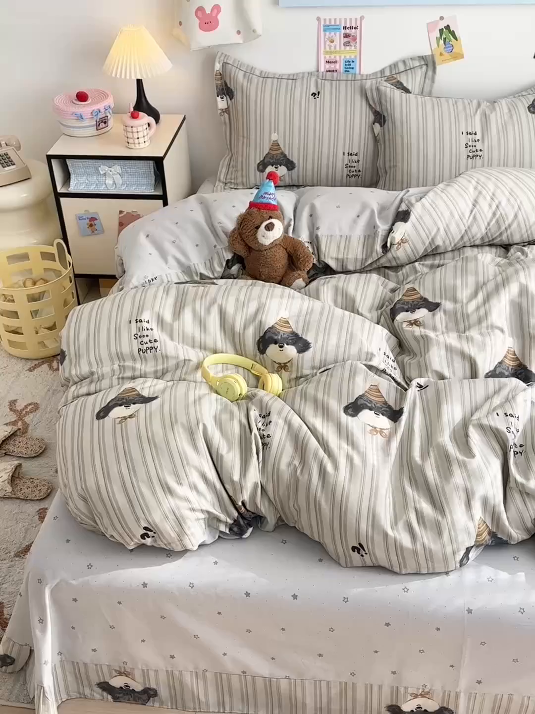 91家纺网 家纺一手货源 找家纺 乐童家纺 2026新款全棉网红直播爆款吊边一字绣工艺款四件套 帽子柯基