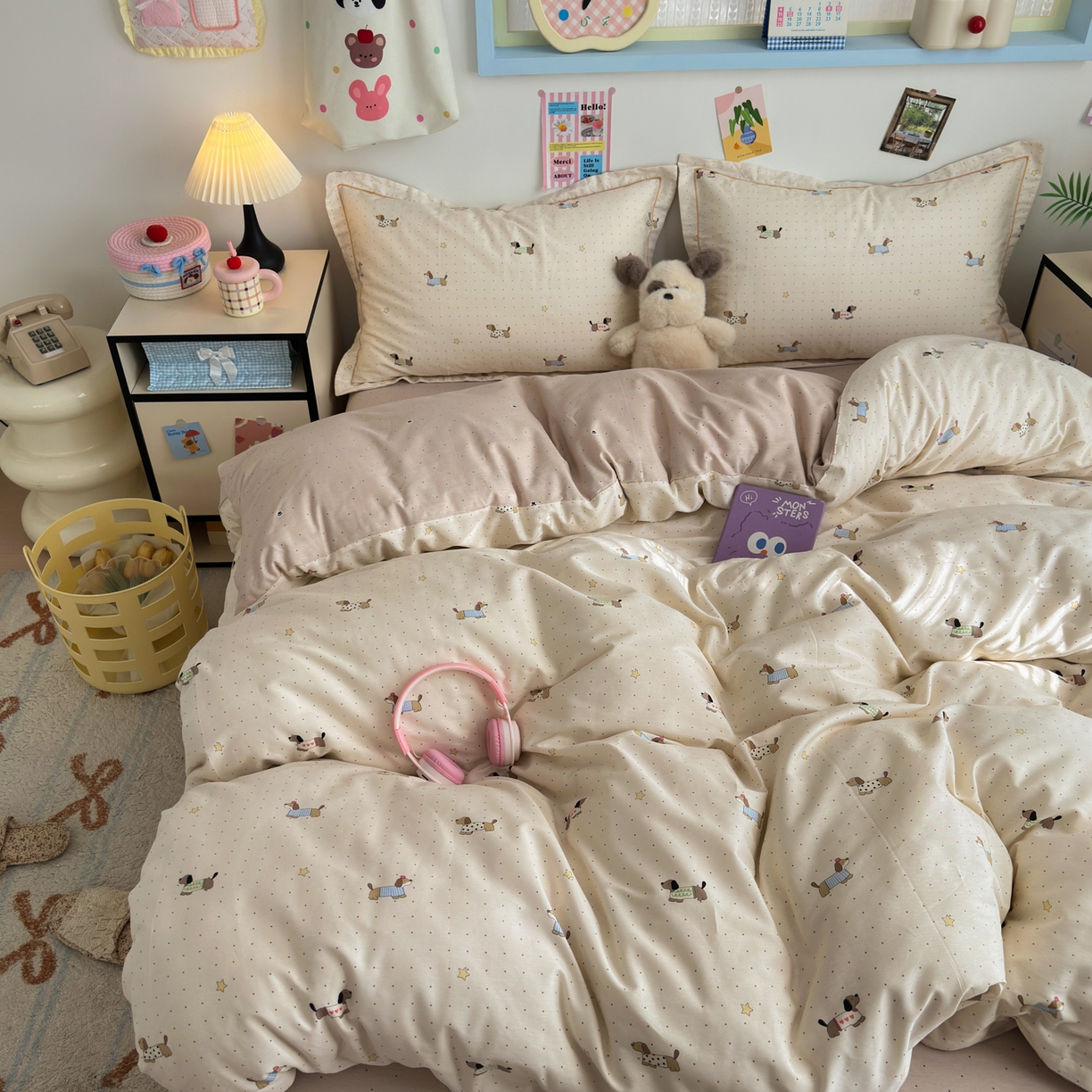 91家纺网 家纺一手货源 找家纺 乐童家纺 2026新款全棉网红直播爆款吊边一字绣工艺款四件套 星星柯基