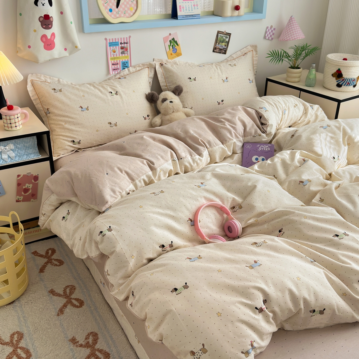 91家纺网 家纺一手货源 找家纺 乐童家纺 2026新款全棉网红直播爆款吊边一字绣工艺款四件套 星星柯基