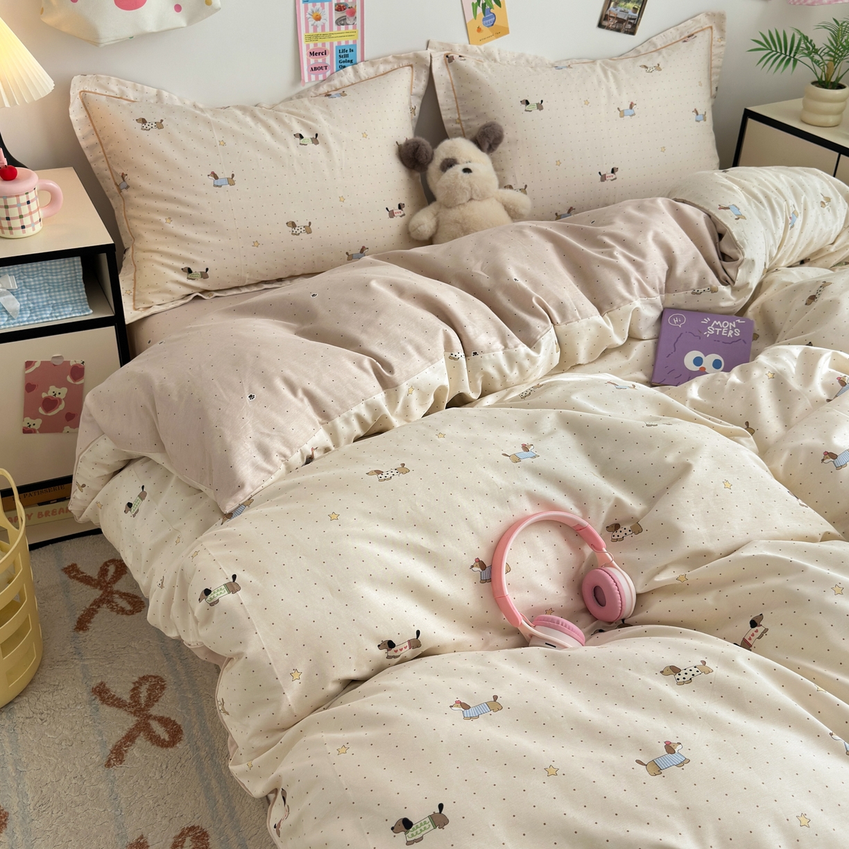 91家纺网 家纺一手货源 找家纺 乐童家纺 2026新款全棉网红直播爆款吊边一字绣工艺款四件套 星星柯基