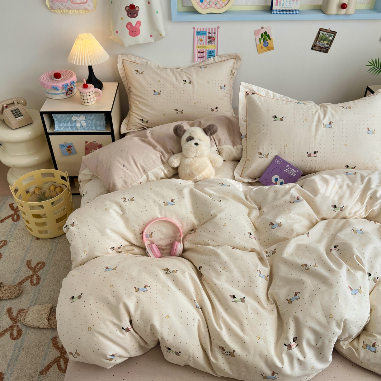 91家纺网 家纺一手货源 找家纺 乐童家纺 2026新款全棉网红直播爆款吊边一字绣工艺款四件套 星星柯基