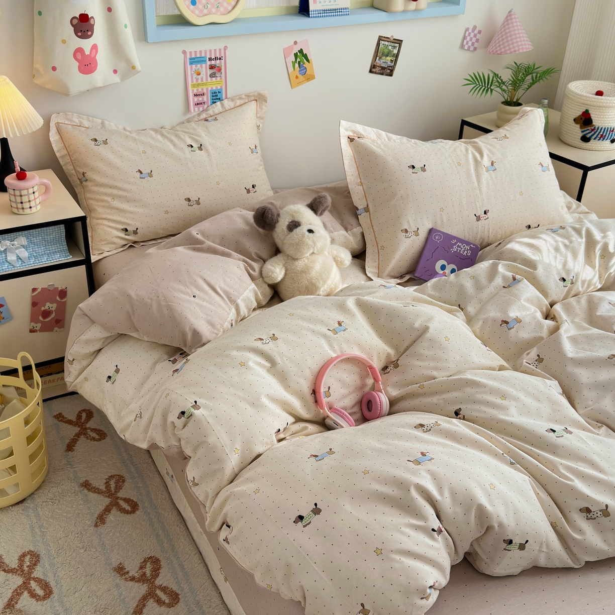 91家纺网 家纺一手货源 找家纺 乐童家纺 2026新款全棉网红直播爆款吊边一字绣工艺款四件套 星星柯基