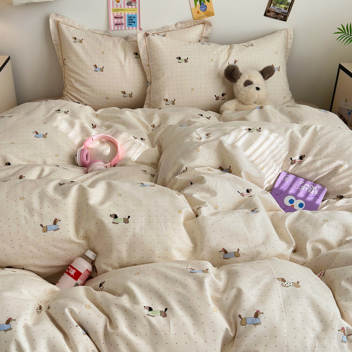 91家纺网 家纺一手货源 找家纺 乐童家纺 2026新款全棉网红直播爆款吊边一字绣工艺款四件套 星星柯基