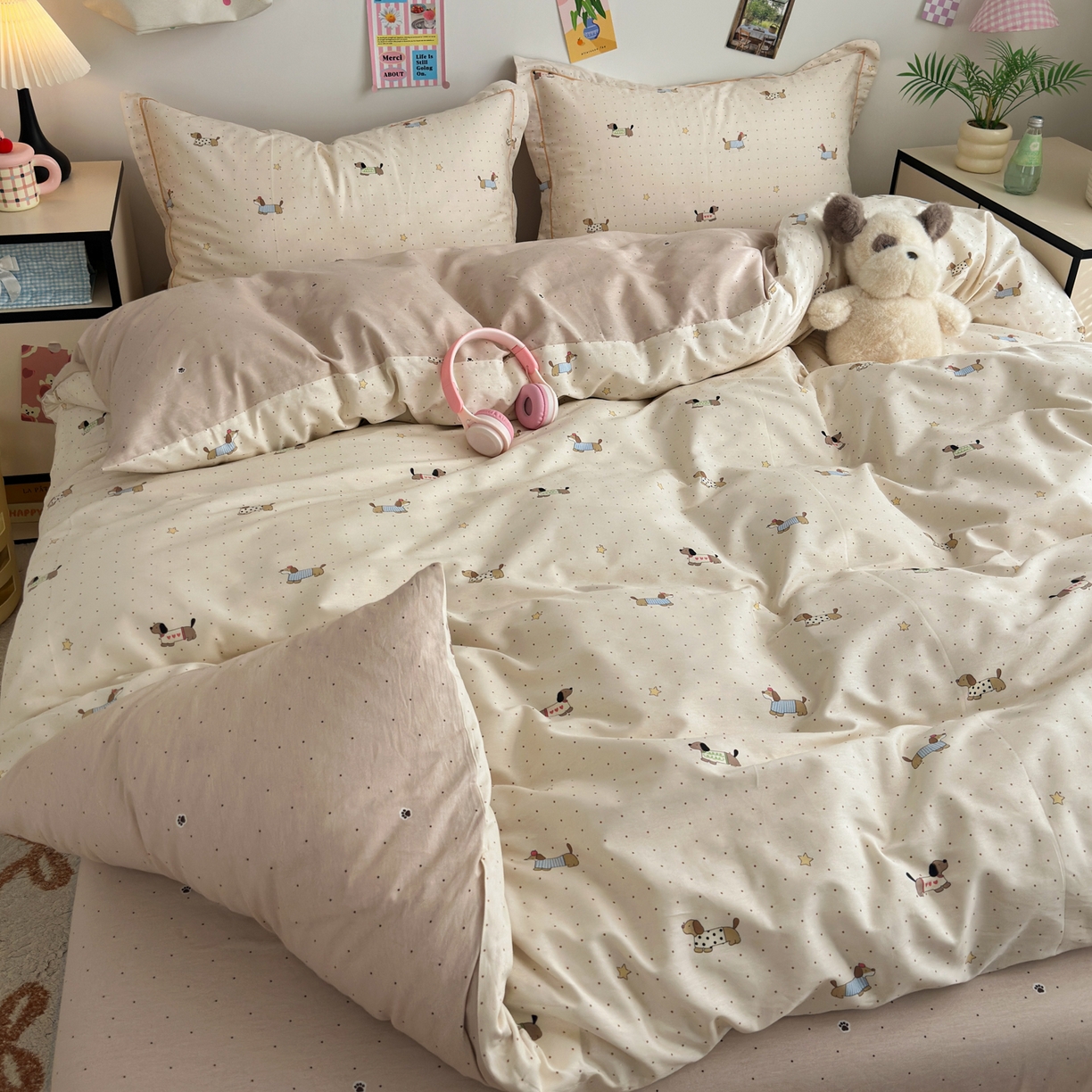 91家纺网 家纺一手货源 找家纺 乐童家纺 2026新款全棉网红直播爆款吊边一字绣工艺款四件套 星星柯基