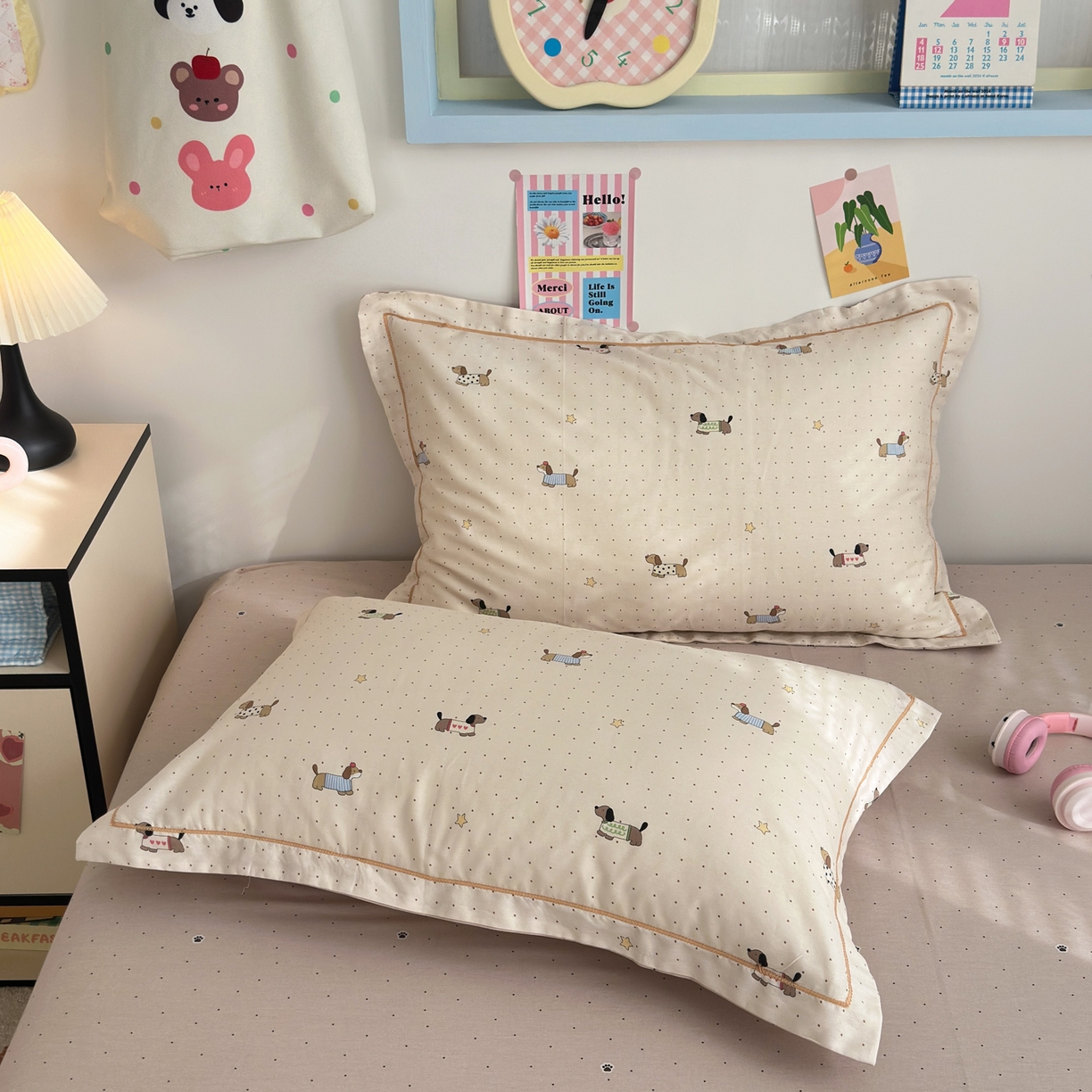 91家纺网 家纺一手货源 找家纺 乐童家纺 2026新款全棉网红直播爆款吊边一字绣工艺款四件套 星星柯基