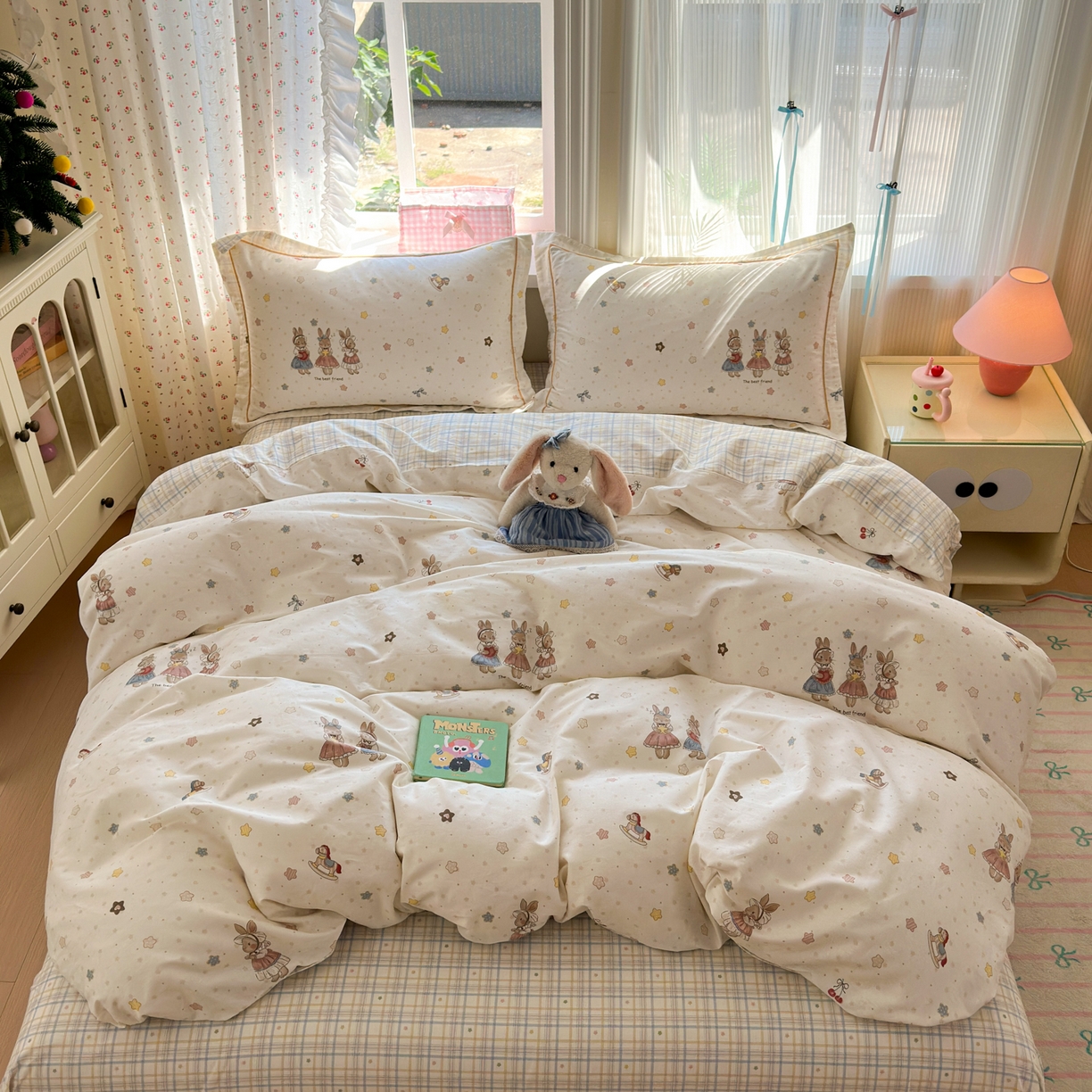 乐童家纺 2026新款全棉网红直播爆款吊边一字绣工艺款四件套 珍妮小兔