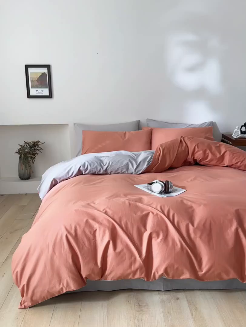 91家纺网 家纺一手货源 找家纺 泽西家纺+V17798841158发大图 2026新品A类全棉13376简约纯色双拼全棉四件套单被套枕套三件套 西柚橙+银河灰