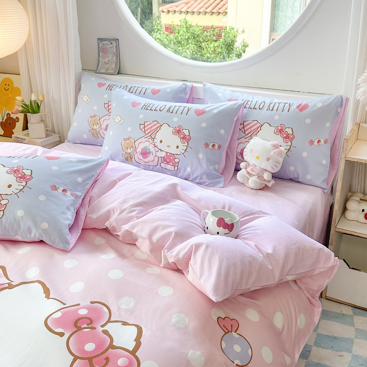 91家纺网 家纺一手货源 找家纺 玉元坊 2025新款正版授权三丽鸥系列全棉纯棉三四件套 基础款 草莓糖果凯蒂猫-基础款