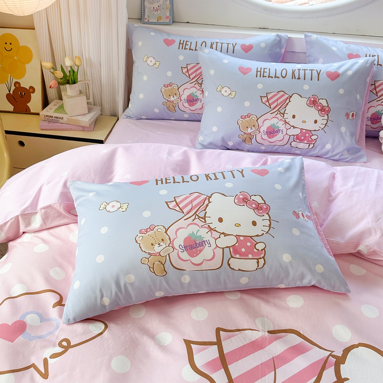 91家纺网 家纺一手货源 找家纺 玉元坊 2025新款正版授权三丽鸥系列全棉纯棉三四件套 基础款 草莓糖果凯蒂猫-基础款