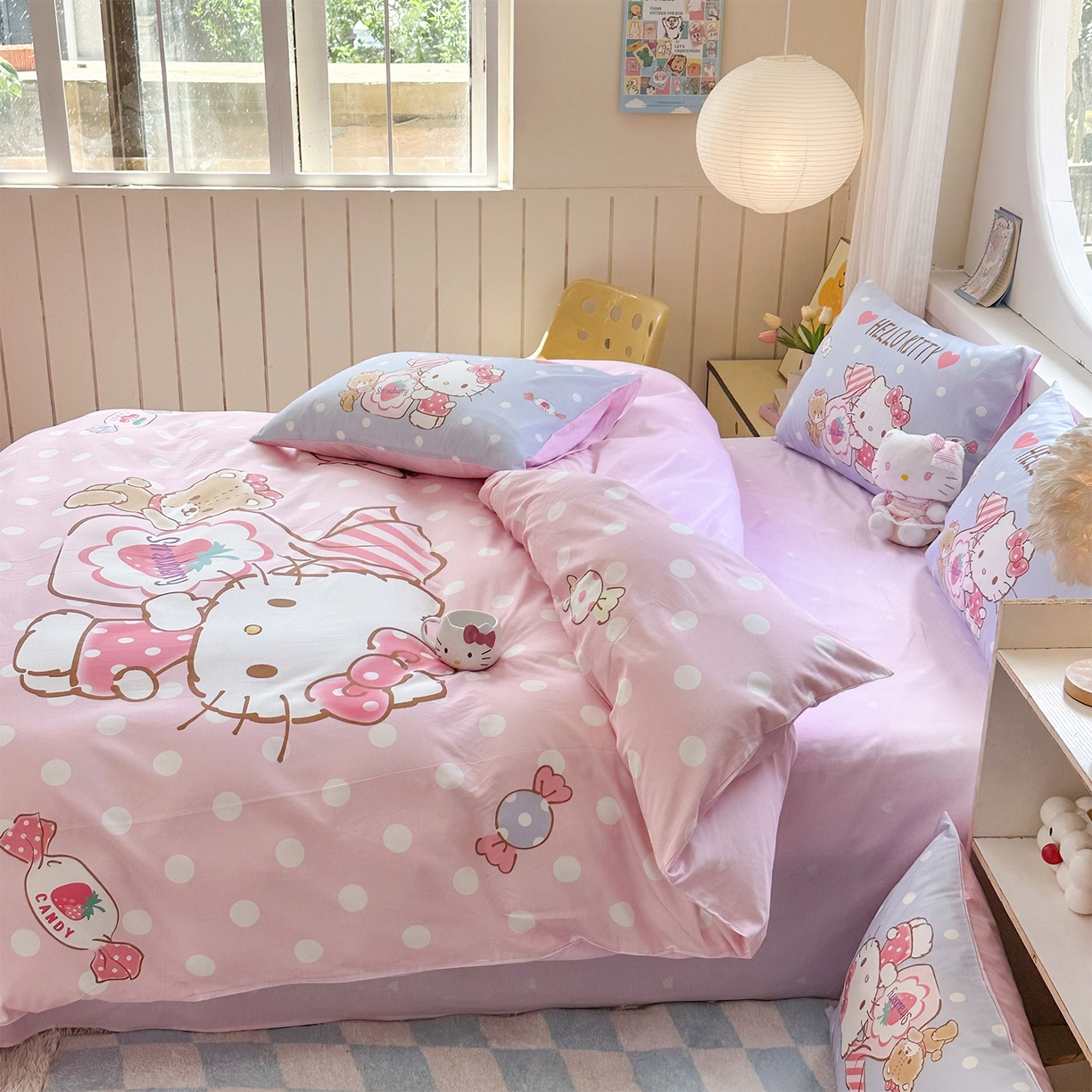 91家纺网 家纺一手货源 找家纺 玉元坊 2025新款正版授权三丽鸥系列全棉纯棉三四件套 基础款 草莓糖果凯蒂猫-基础款